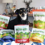 Dog sitting behind packages of Better Bites dog food with a cozy indoor background.