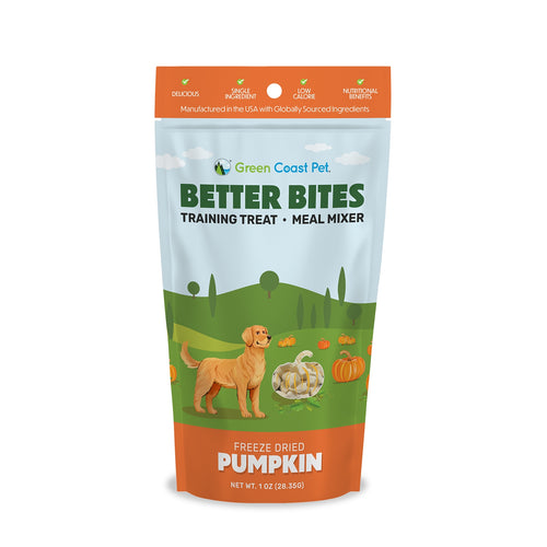 Green Coast Pet Better Bites training treat package with a dog and pumpkin illustration on a white background