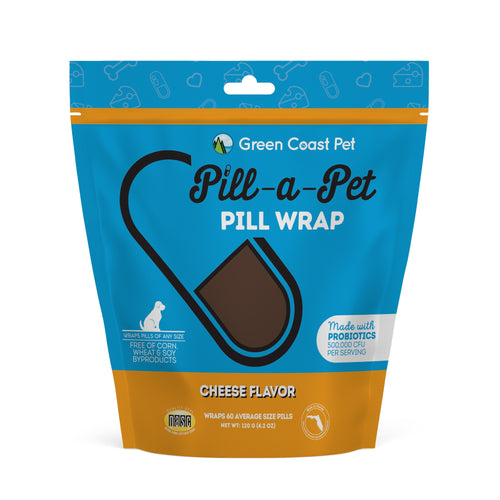 Green Coast Pet Pill-a-Pet Pill Wrap packaging with blue and orange design on a white background