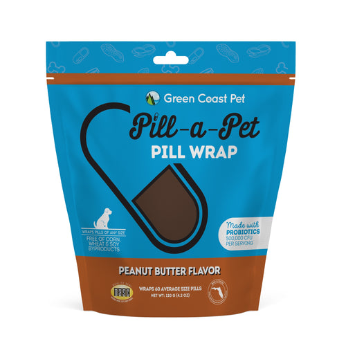 Green Coast Pet Pill-a-Pet Pill Wrap packaging with blue and brown design.