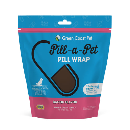 Green Coast Pet Pill-a-Pet Pill Wrap packaging with blue and pink design