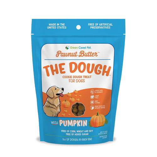 Package of Green Coast Pet Pawnut Butter The Dough cookie dough treat for dogs with pumpkin on a white background